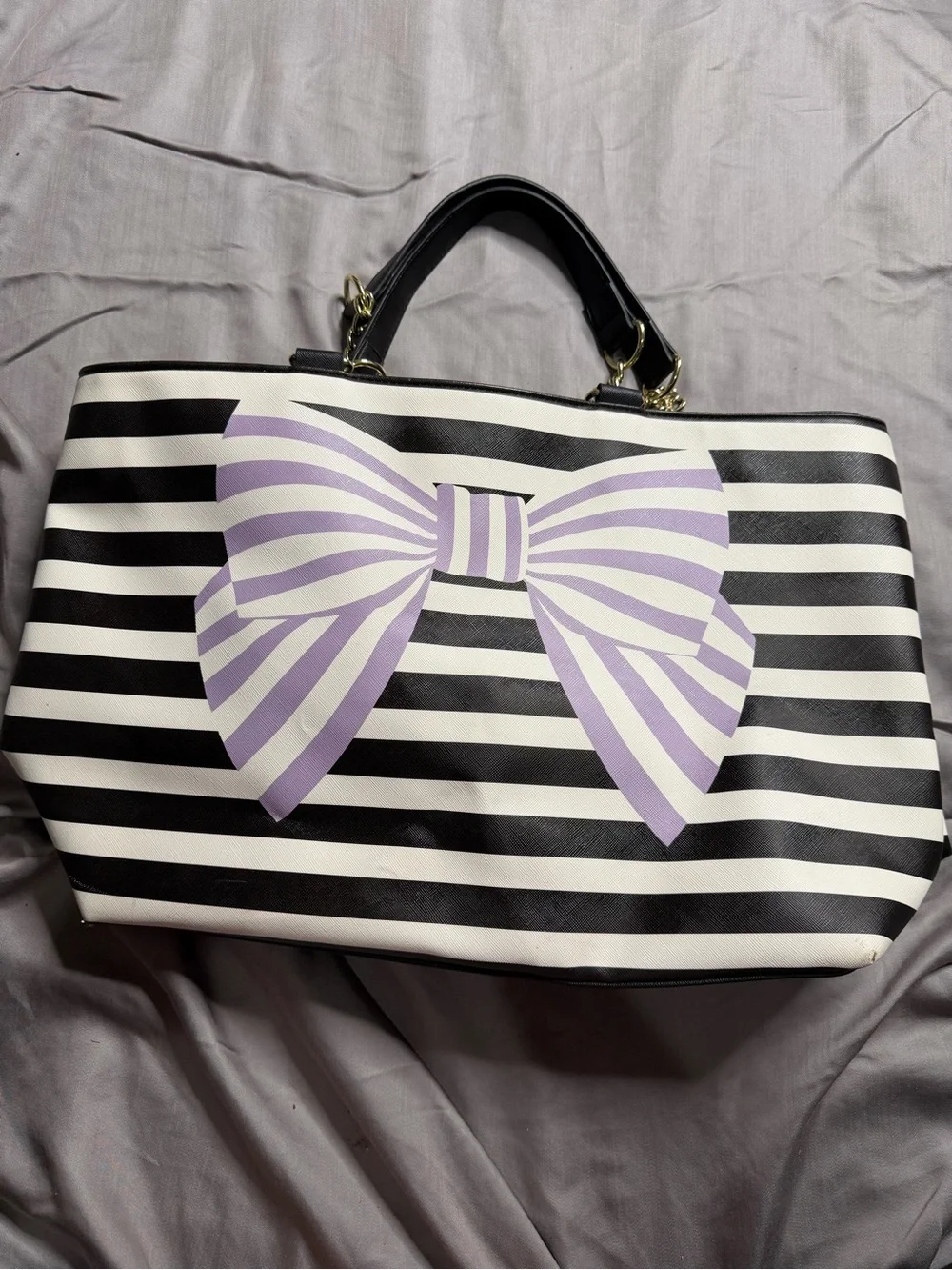 Betsey Johnson Black & White Striped Tote with Lavender Bow Print